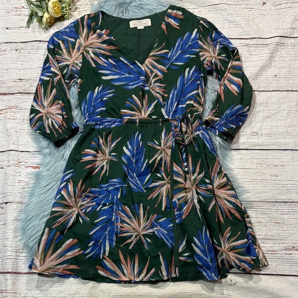 Trovata Birds of Paradis Green Floral Tie Waist Mini Dress